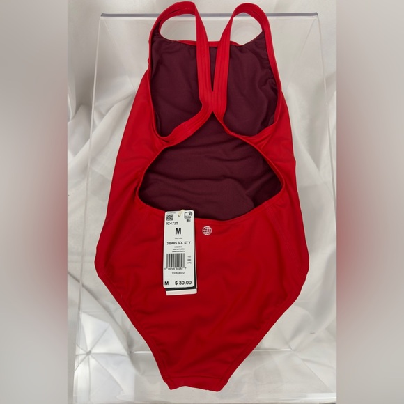 Adidas Competition Swimsuit 1 piece 3 Bar logo Solid Red Girls Med (11-12yr) NWT - Picture 5 of 9